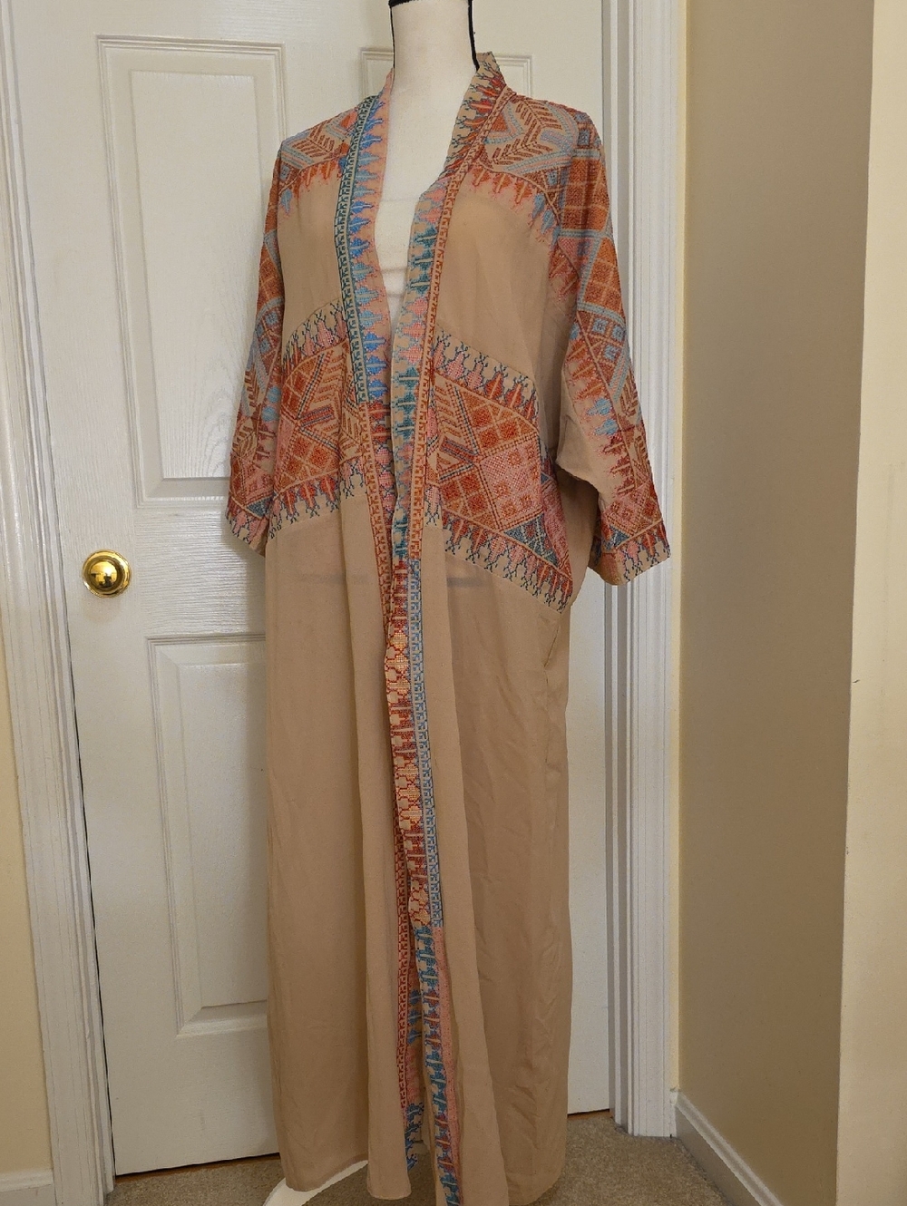 New Dubai Kimono Abaya Duster Tatreez Embroidery Beige Coral Turquoise One Size